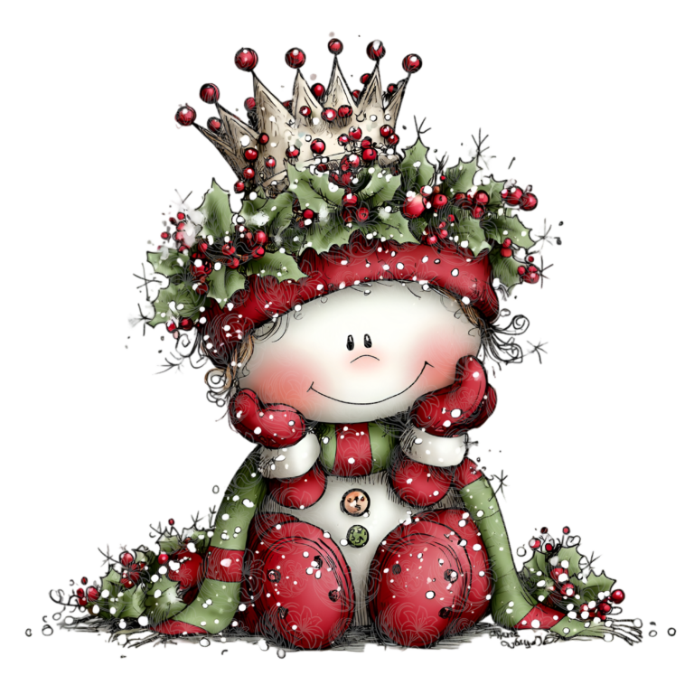 Cute snowman wearing a holly and berry crown with red and green festive outfit, Grey Barn Handwerk, Saskatchewan.
